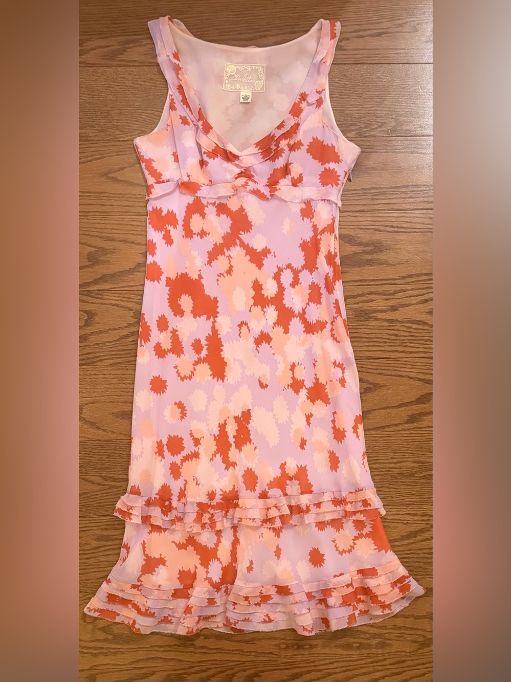 Deletta Silk Pink and Red Floral V-Neck Ruffle Hem Dress